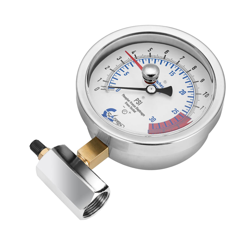 [Australia - AusPower] - 4" Gas Test Pressure Gauge 15 Pound, 15 PSI / 30 InHg, 3/4” FNPT Con, Stainless Steel Case, Accuracy 1%, Red Pointer Pressure Memory, Chrome Plated Steel Body Assembly 