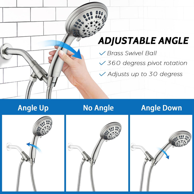 G-Promise High Pressure Shower Head 6 Spray Setting with Adjustable Solid Brass Shower Arm Mount and Extra Long Flexible Stainless Steel Hose (Brushed Nickel) Brushed Nickel