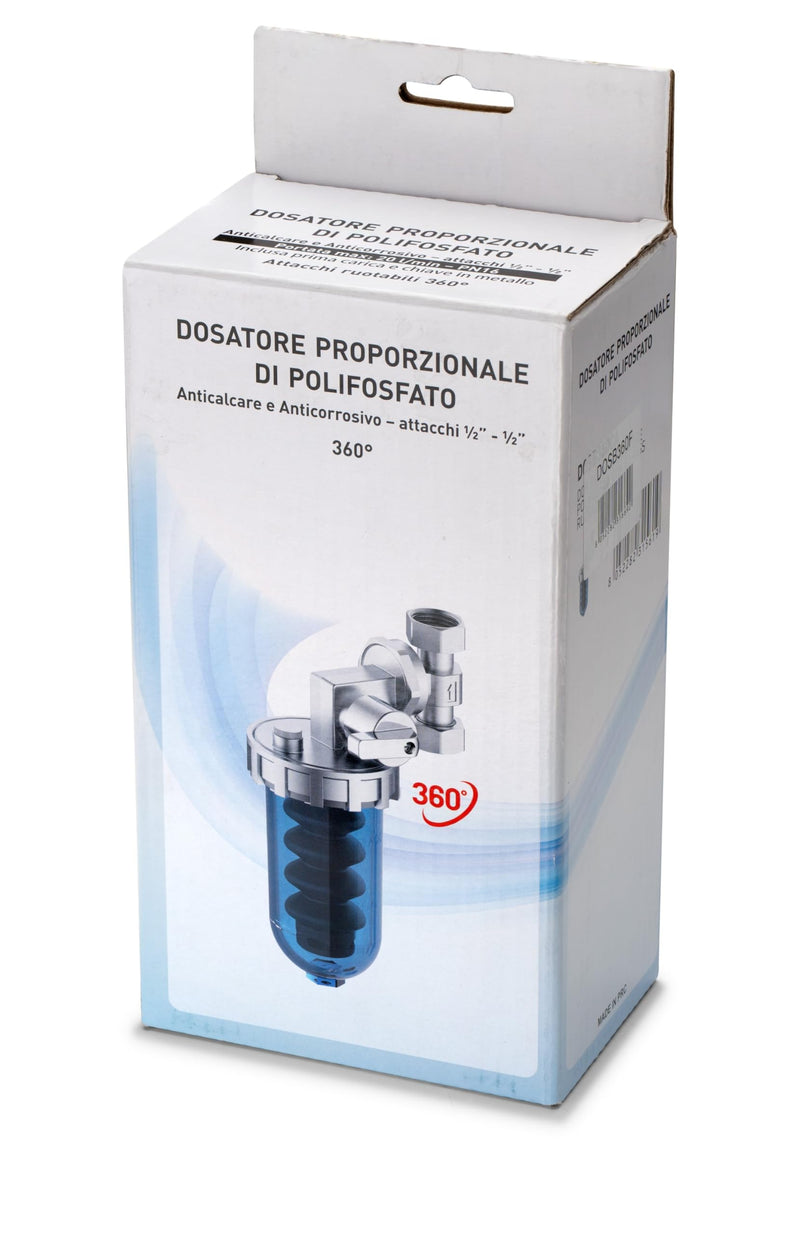 WK Rotating Polyphosphate Dispenser with Bypass, Connections 1/2 Inch, Transparent Shatterproof Pot, Limescale and Corrosion Protection for Sanitary and Sanitary Systems