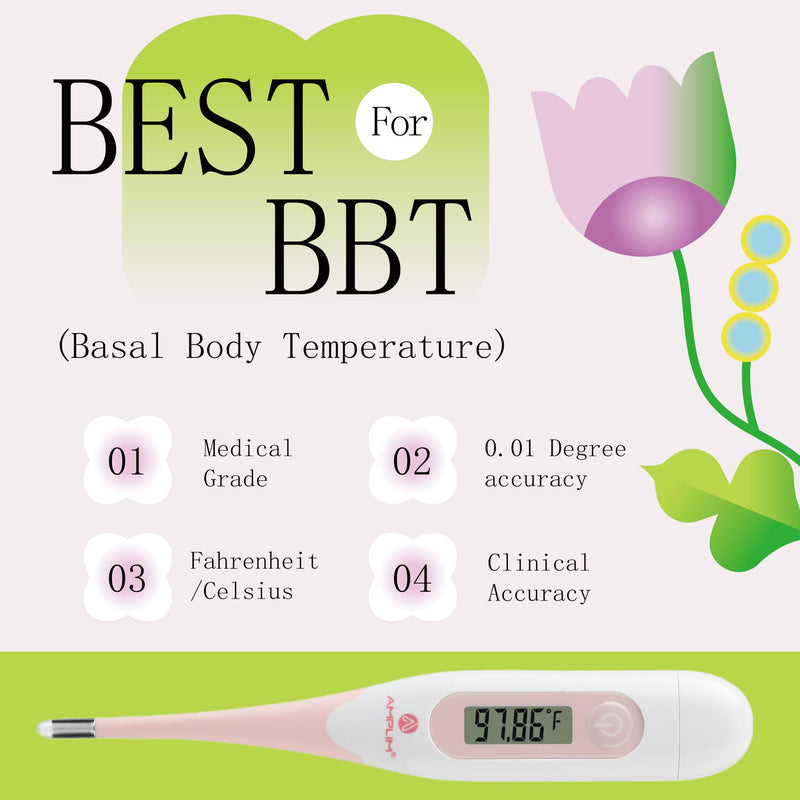 [Australia - AusPower] - Amplim Digital Basal Thermometer, Medical Grade Accurate BBT for Ovulation Tracking, 1/100th Degree High Precision Fertility Prediction, 60-Sec Read, Memory Recall, Flexible Waterproof Tip – Pink 
