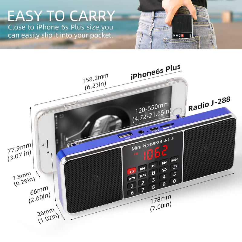 [Australia - AusPower] - PRUNUS J-288 Portable Radio AM FM Radio with Bluetooth Speaker, Sleep Timer, Power-Saving Display, Ultra-Long Antenna, AUX Input & USB Disk & TF Card MP3 Player, NO Manual Preset Blue 