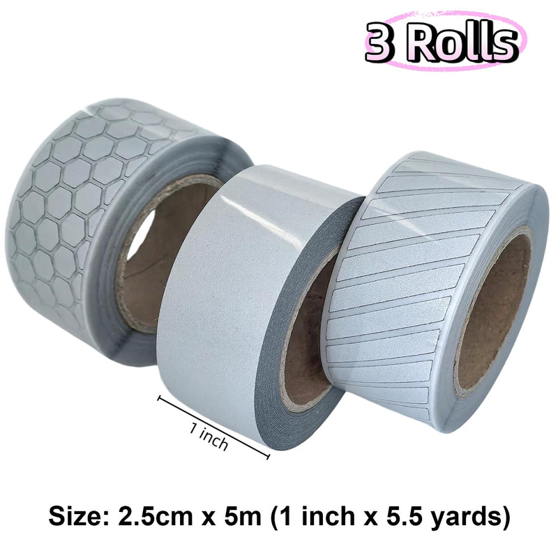 3 Rolls Silver Reflective Heat Transfer Vinyl Tape Safety Visibility Strips Iron On for Clothing，1 Inch x 5.5 Yards