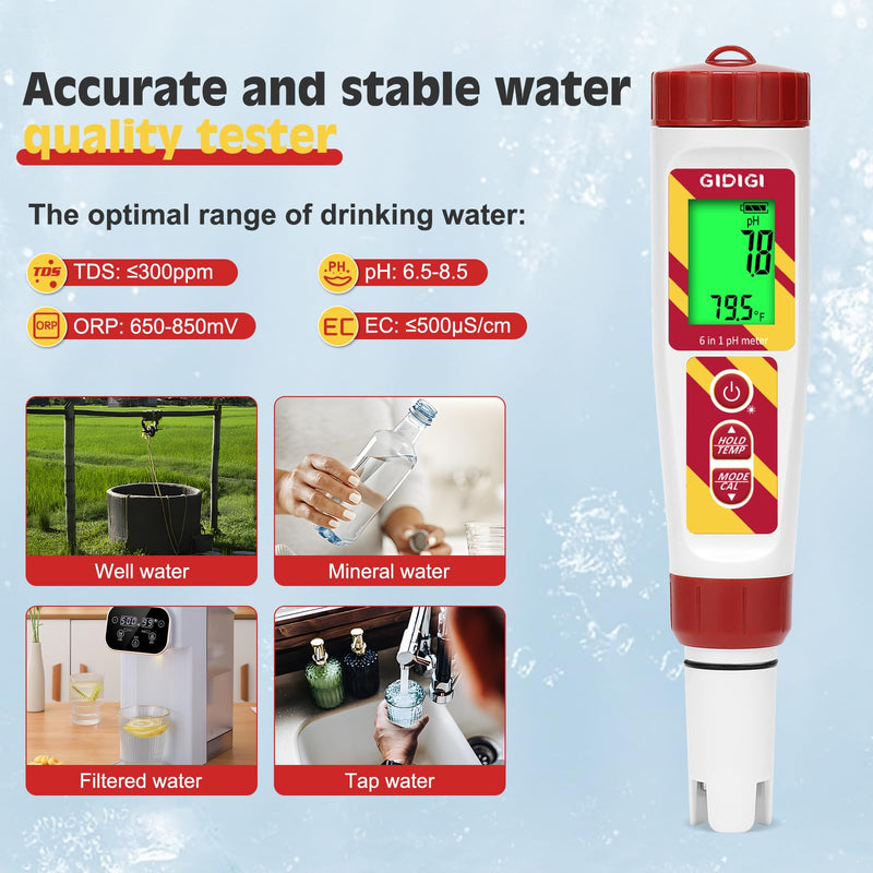 Digital pH Meter Pool Salt Tester,ORP Meter for Drinking Water,GIDIGI pH PPM for Hydroponic,6 in 1 TDS EC Salt Tester with ORP 222mV Calibration Solution for Aquariums,Spa,Drinking Water,Brewing Yellow 6-in-1 pH Meter