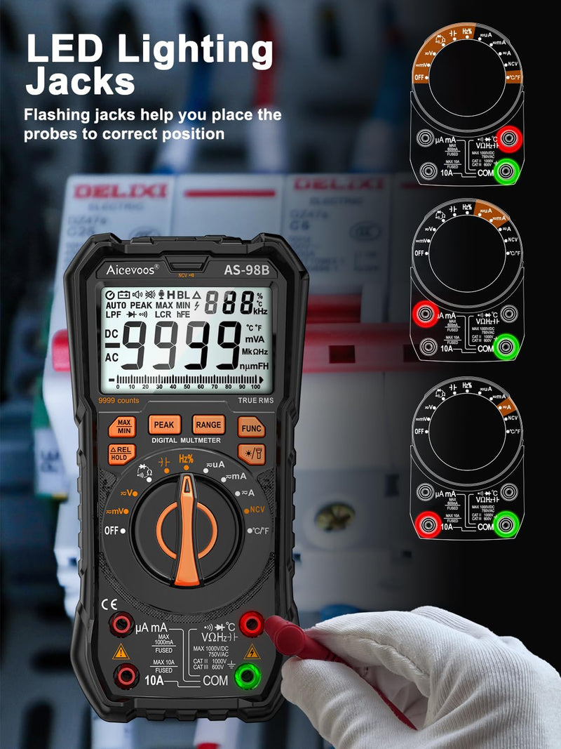 [Australia - AusPower] - Multimeter Digital Multimeter, 9999 Counts DC AC Voltmeter and Ohm Volt Amp Tester, Auto-Ranging Fast Accurately Measures Voltage Current (DC/AC Current) 