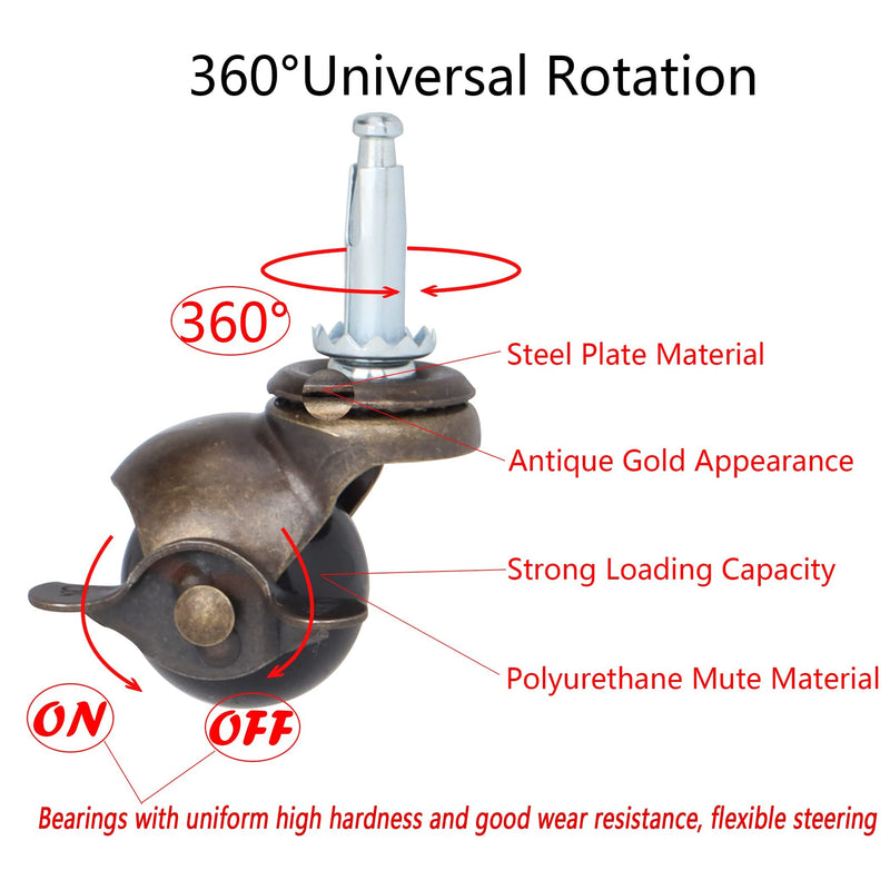 [Australia - AusPower] - 1.5" Ball Casters Stem Caster Wheels with 5/16" x 1-1/2" (8 x 38mm) Stem Antique Gold Ball Caster Swivel Caster for Furniture Casters Sofa Chair Cabinet Set of 4 (with Brakes) with Brake 