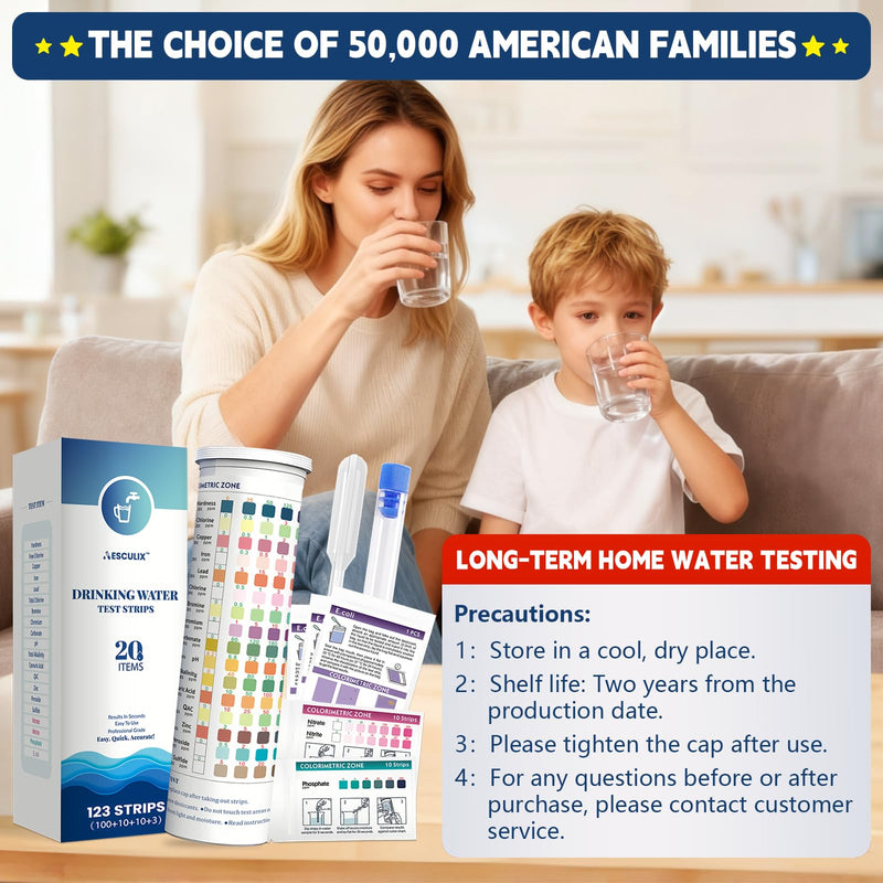20 in 1 Water Tester for Drinking Water, Well Water Testing Kit, Suitable for Household Tap Water, Natural Water Quality Testing, Can Detect Water Hardness, Chlorine, Lead, Ph, Etc. (123 Test Strips) 20 in 1
