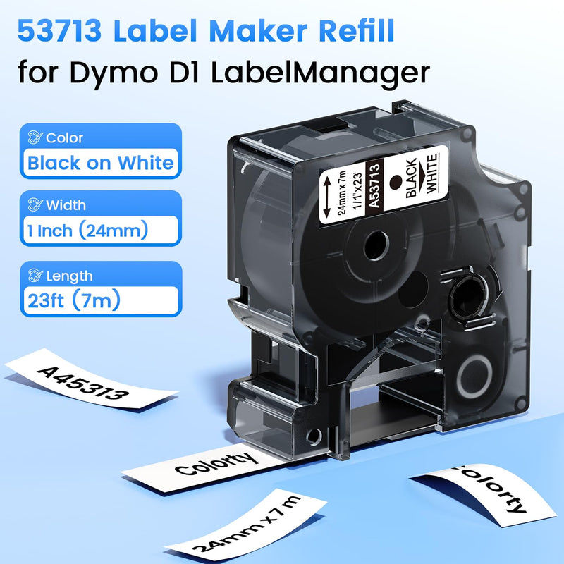 Colorty 6 Pack 53713 24mm Label Maker Tape Refills Compatible with DYMO D1 53713s 1 Inch Label Tape, Black on White A53713 1" x 23', for Dymo LabelManager 400 450Duo 450D 640 500TS PnP 1 In x 23 Ft