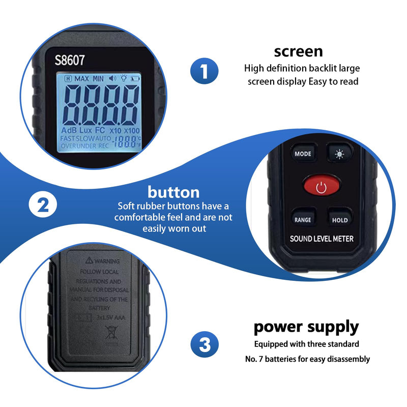 BAIFULAI Decibel Meter: 30dB to 130dB Portable Sound Level Meter with LCD Display, Portable SPL Meter DB, Meter Suitable for Home, Office, Construction Site, Factory etc