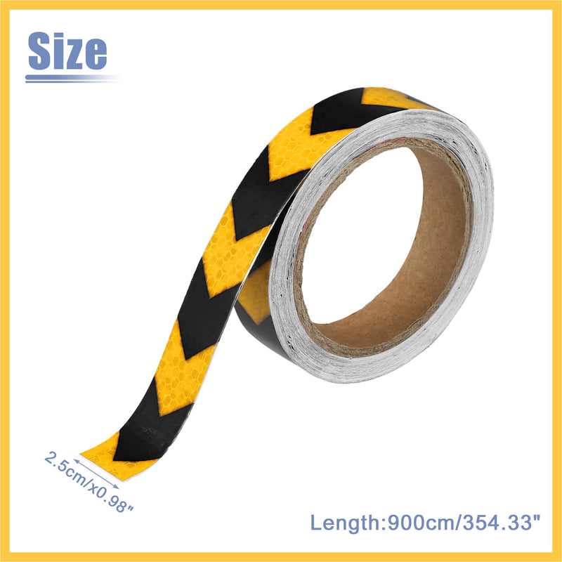 Universal 2.5cmx9m Yellow and Black Arrow Car Reflective Stickers Reflective Tape Safety Warning Reflective Protector - Pack of 1 Auto Replacement Parts