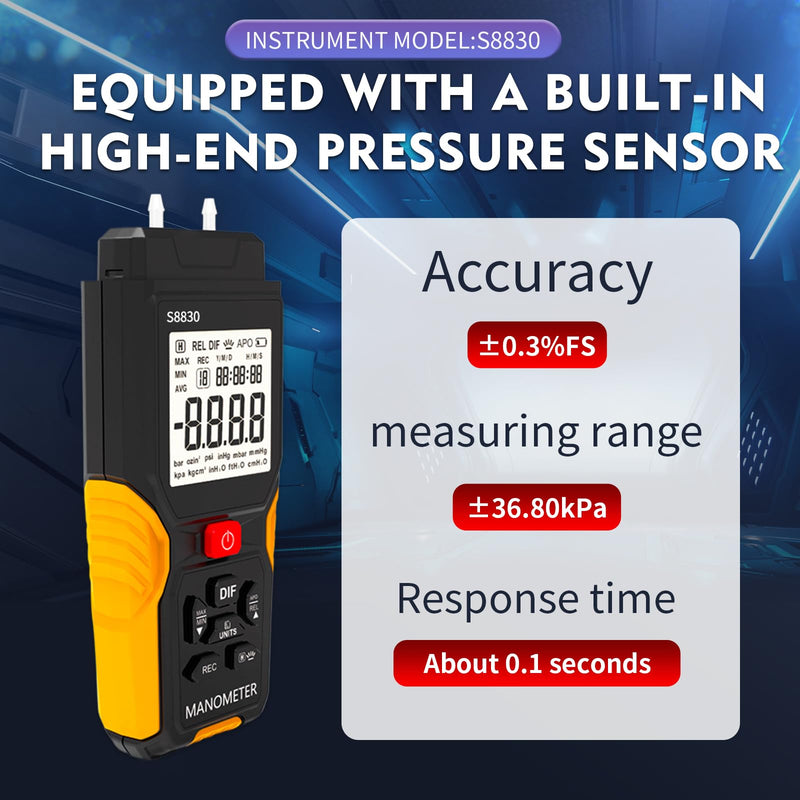 [Australia - AusPower] - Dual-Port Manometer with Storage Box,36.8kPa/147.7inH2O Air Pressure Meter,HVAC Digital Manometer Gas Pressure Tester,11 Selectable Units,Positive/Negative Pressure/Differential Pressure Gauge 