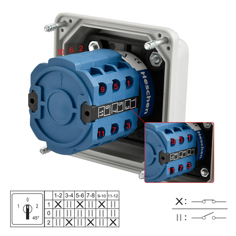 Heschen Universal Rotary Cam Selector Changer Switch, SZW26-20/D303.3D, 660V 20A, 3 Position, 3 Phase 12 Terminals, CE, with Master Switch Outer Box LW28-20/4 (Standard Box) Standard Box