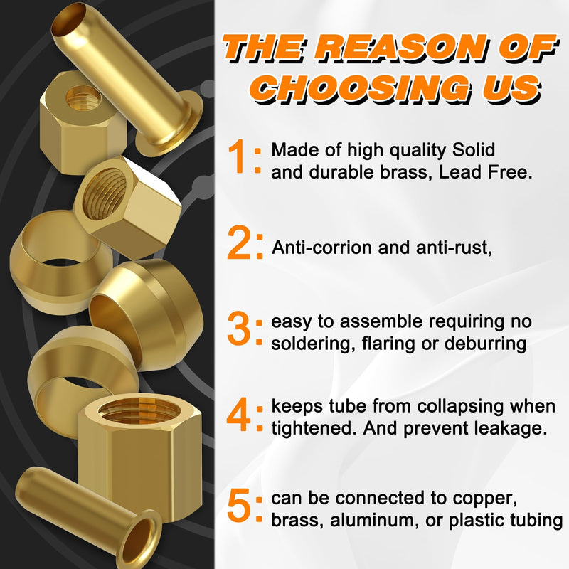 [Australia - AusPower] - 220PCS Compression Fittings Assortment kit - 4 sizes (1/4", 3/8", 5/16", 1/2") of Brass Compression Sleeve Ferrule, Insert and Nuts,Connect Lines for Air,Water,Fuel,Oil and Inert Gases 220pcs Kit 
