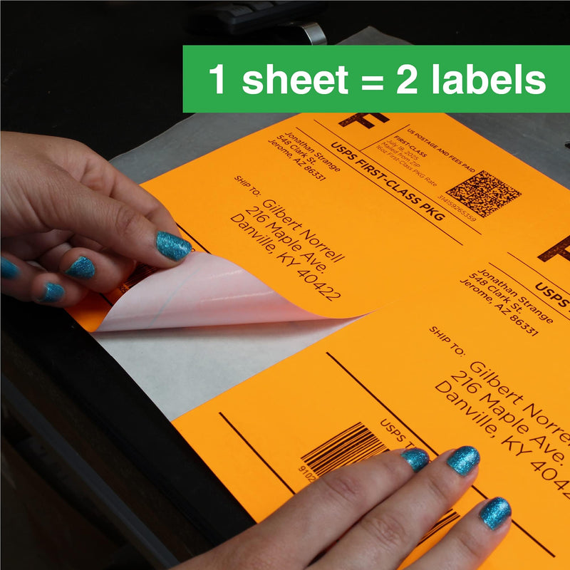 ChromaLabel 8.50 x 5.50 Inch Half Sheet Fluorescent Shipping Labels for Laser and Inkjet Printers, Fluorescent Orange