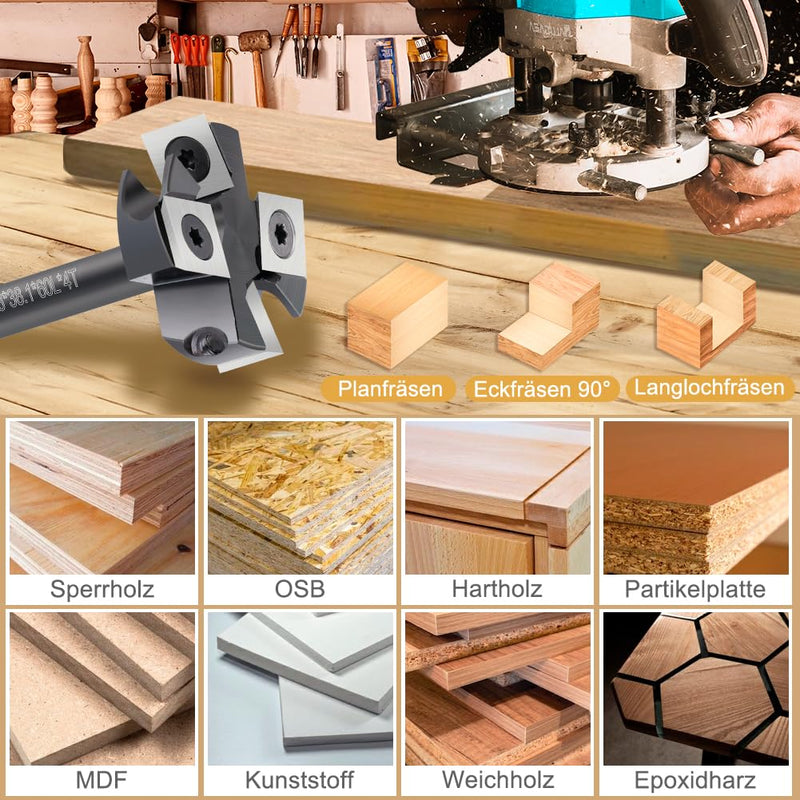 [Australia - AusPower] - BALUGAEA 8mm Shank Face Router Bit - 38.1mm Cutting Diameter - Equipped with 4 Interchangeable Carbide Blades 12 x 12mm / 0.47" x 0.47" / 38.1mm Cutting Diameter - Equipped with 4 Interchangeable 4Z Fräser S=8mm D=38.1mm L=60mm 