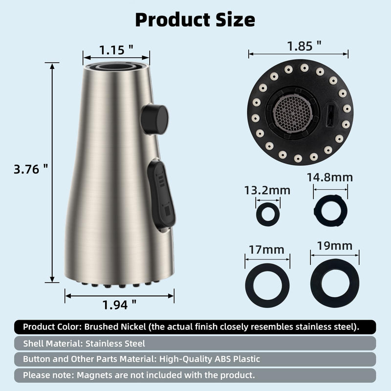 Hibbent Metal Pull Down Spray Head for Kitchen Faucet, Kitchen Sink Spray Nozzle with 15 Adapters, Faucet Head Replacement Compatible with Moen, American Standard, Delta, Kohler Faucet, Brushed Nickel Stainless Steel
