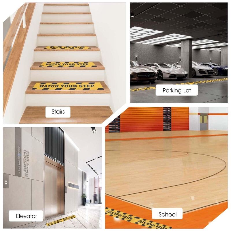 Watch Your Step Sign, Caution Tape Yellow Black Anti Slip Tape 1.97in X 16.4ft Grip Tapes for Stairs Waterproof Safety Grip Tapes for Stairs Steps Ladder Indoor Outdoor Treads Floor Caution