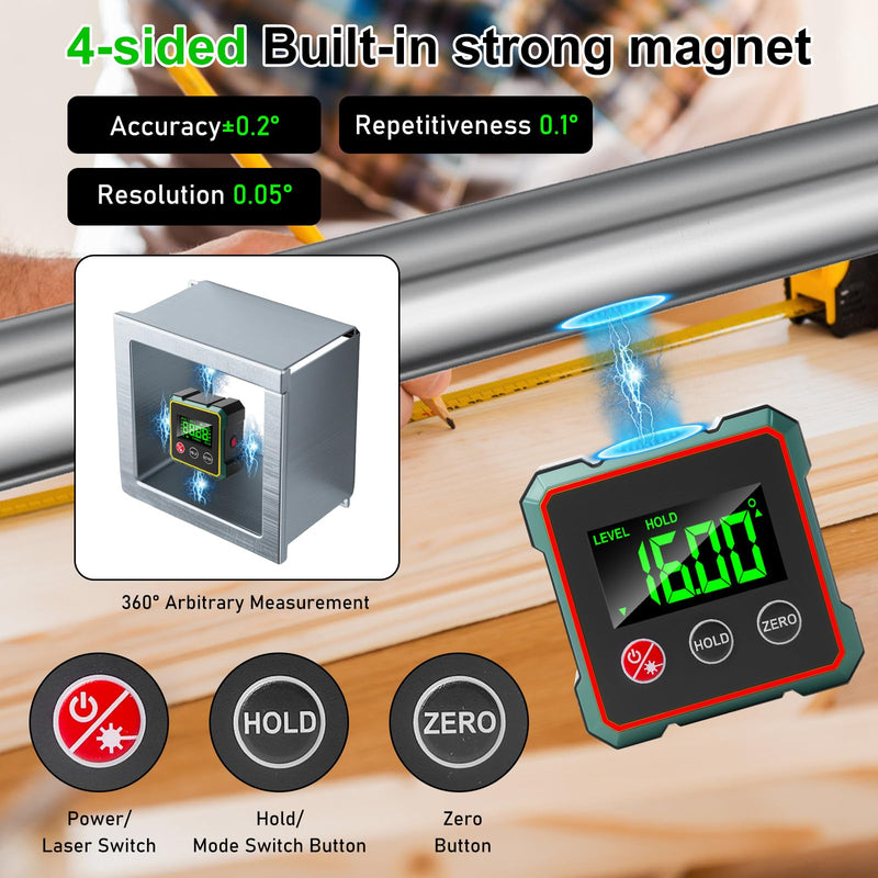 Magnetic Leveling Box Level Box: IP54 Waterproof Magnetic LCD Inclinometer, 4 Sided Magnetic Inclinometer Laser Spirit Level with LCD Display for Woodworking, Construction, Decoration, DIY