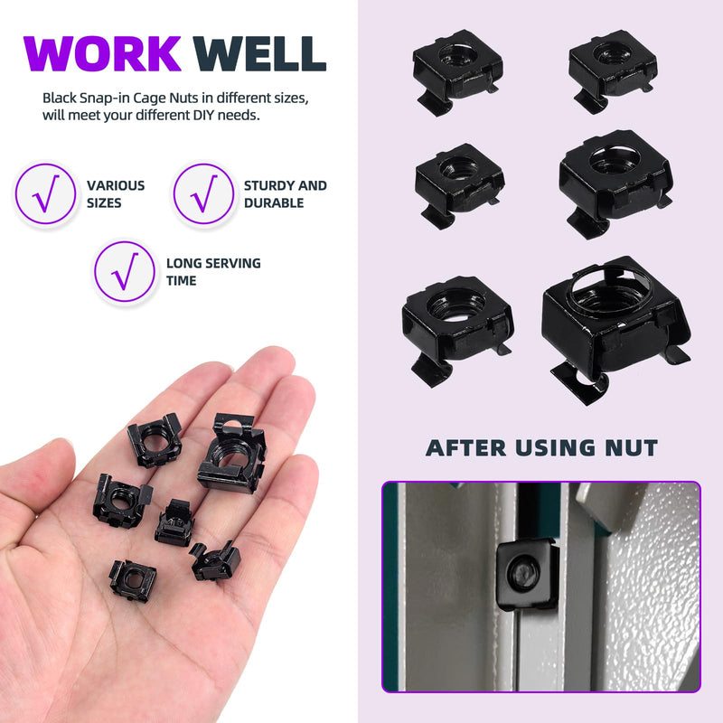 [Australia - AusPower] - Swpeet 48Pcs 6 Sizes M4 M5 M6 M8 M10 M12 Black Zinc Plated Carbon Steel Snap-in Cage Nuts, Square Cage Nut, Rack Rail Retainer Nuts, Server Shelf Cabinets Rack Mount Cage Nuts, Clip-On Computer Nuts 48 