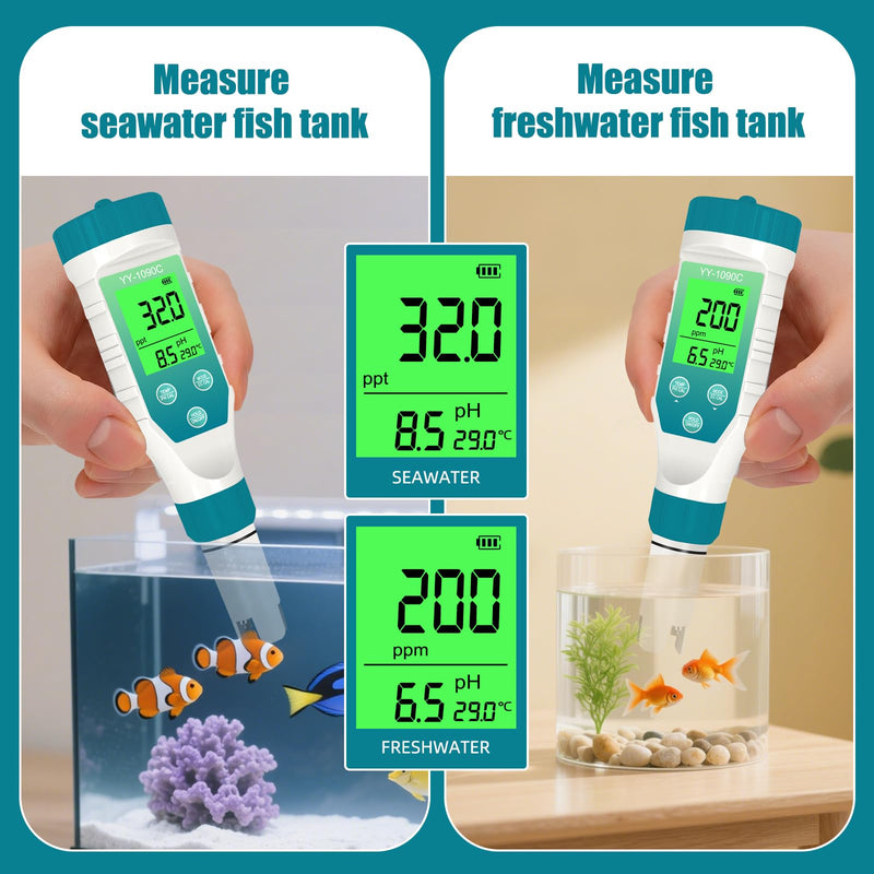 [Australia - AusPower] - 5-in-1 Digital Pool Water Tester, Salinity & pH Meter with 12.88mS Calibration Solution – Saltwater Pool & Spa Monitor, TDS EC Temp Tester for Hot Tubs, Aquariums, Hydroponics 