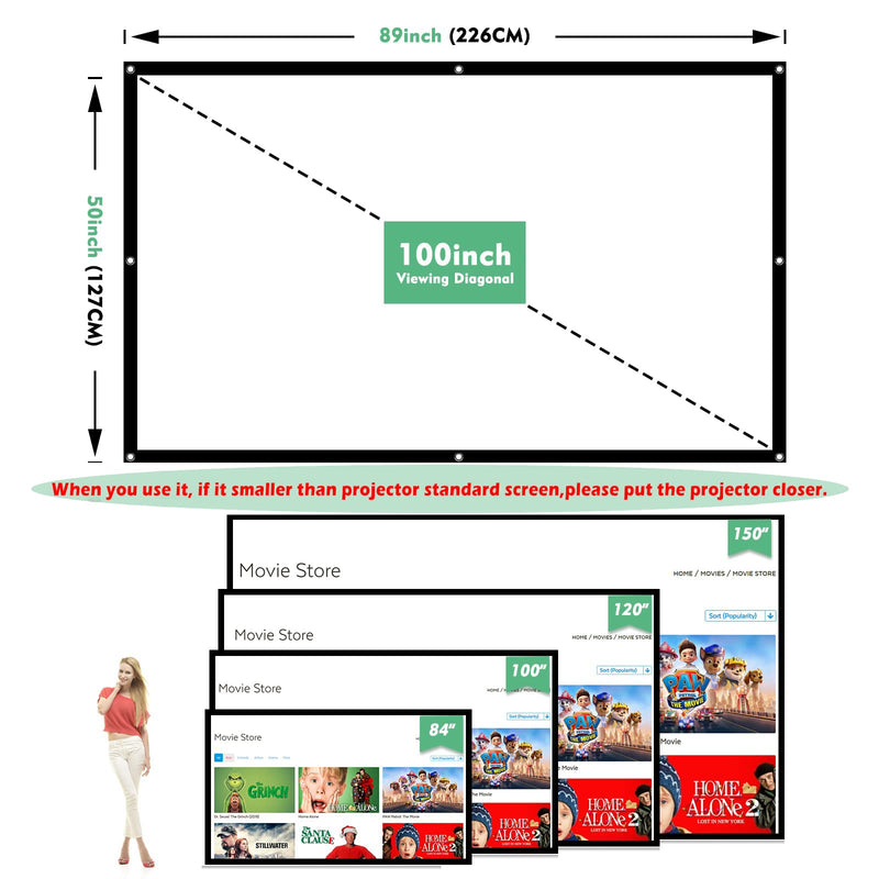 [Australia - AusPower] - Projector Screen 100 inch, Taotique 4K Movie Projector Screen 16:9 HD Foldable and Portable Anti-Crease Indoor Outdoor Projection Double Sided Video Projector Screen for Home, Party, Office, Classroom 