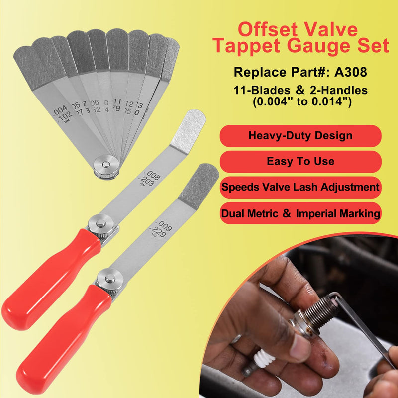 [Australia - AusPower] - A308 Offset Valve Tappet Gauge Set, 11-Blades Feeler Gauge/Feeler Blade with Two Handles (0.004" to 0.014") 
