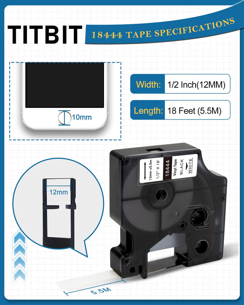TITBIT 18444 Permanent Vinyl Label Tape 1/2" Replacement for DYMO Rhino 18444 Fit with DYMO Rhino 4200 5200 5000 6000 6500 Industrial Label Maker,12mm(1/2 Inch) x 18 feet Black on White,5 Pack 5