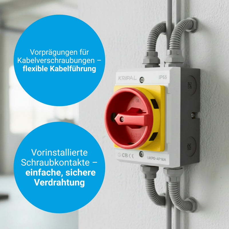 EKABEL24 Main Switch with Housing and Emergency Stop Function, Reliable Circuit Breaker for Electrical Installations, Toggle Switch, Surface-Mounted Switch, 16A 4-Pin