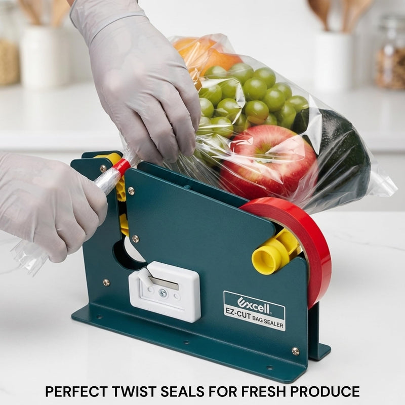 ICO by Excell ET-605K EZ-Cut Tape Bag Sealer - Heavy Duty Metal Bag Neck Sealer with Integrated Trimmer & Stabilizer - Fits 1/2" (12mm) Tape on 3" Core - for Bakeries, Produce, Hardware & Meat Bags Carbon Steel