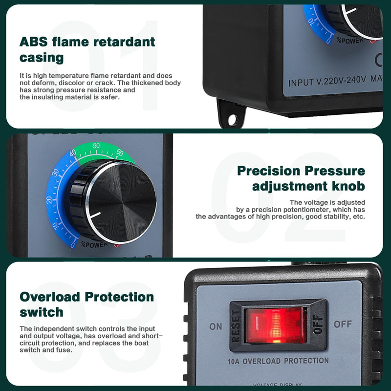 [Australia - AusPower] - SiRyder Speed Controller 230 V, 10 A Speed Controller with Overload Protection for Fan Speed Controller, Dimmer, Angle Grinder, Ban, Voltage Regulator Adjustable AC 220 V 4000 W 