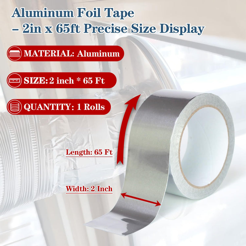 Aluminum Foil Duct Tape(2 inch x 65 Feet, 3.9 mil), Insulation Adhesive Metal High Temperature Heavy Duty Waterproof HVAC Tape, Silver for Ductwork, Dryer Vent, HVAC, Sealing 1