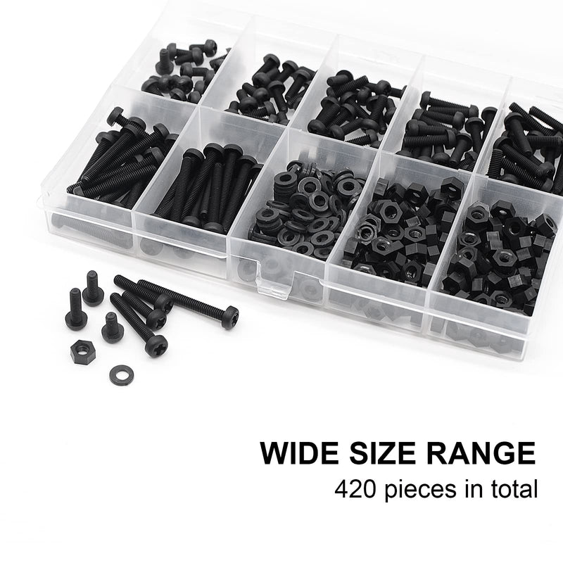 [Australia - AusPower] - QTEATAK M3 Black Nylon Plastic Pan Round Head Screws, Nut Bolts, Gasket Assortment Kit(Metric M3: 6mm 8mm 10mm 12mm 15mm 20mm 25mm) 