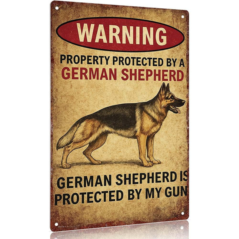 German Shepherd Warning Sign - Property Protected by Gun - Rustic Decorative Wall Art - 12x8 inch Aluminum Plaque for Home, Office, or Garage