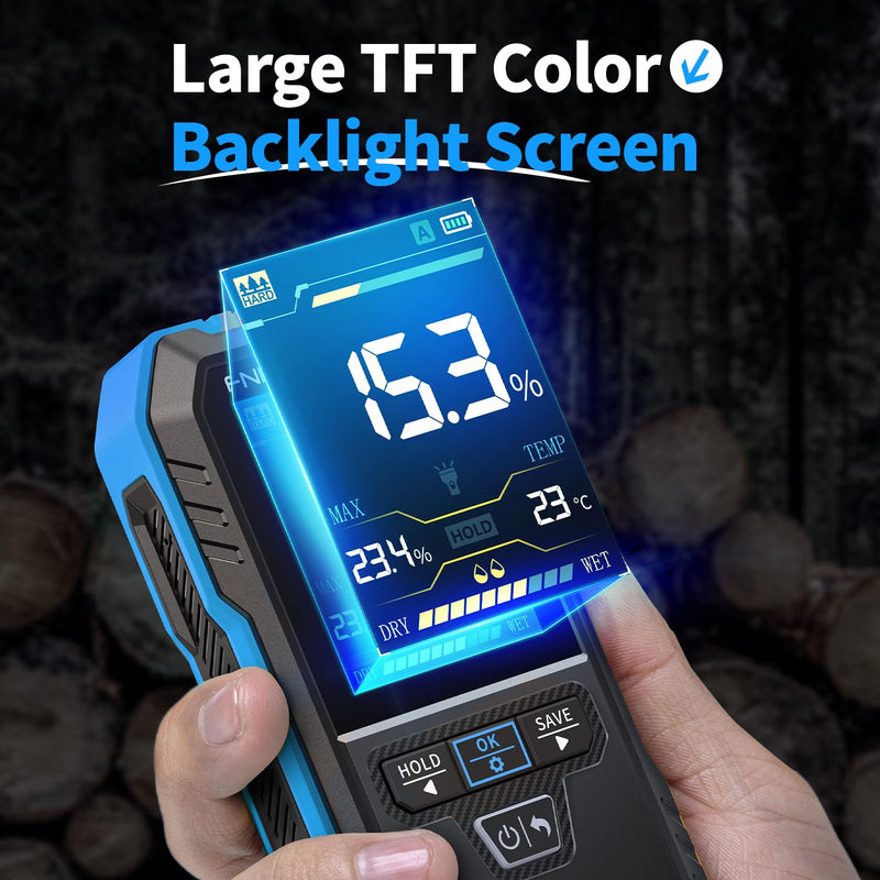 [Australia - AusPower] - FNIRSI WMT-10 Pinless Wood Moisture Meter, Rechargable Moisture Meter for Wood, Wall, Firewood, Support Data Hold and Record, Flashlight, Humidity Detector for Lumber Concrete Building Blue 