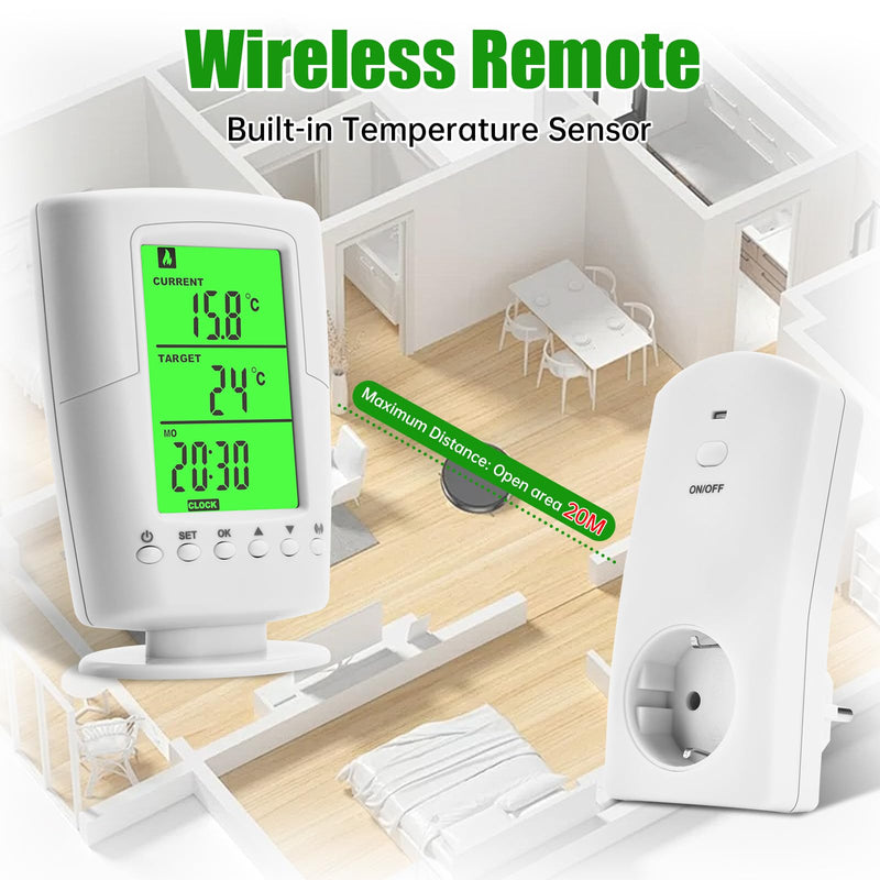 [Australia - AusPower] - diymore Wireless Thermostat Socket, Infrared Heating Thermostat with Heating and Cooling Mode, Socket Thermostat 230 V with Temperature Sensor, LCD Display with Backlight 