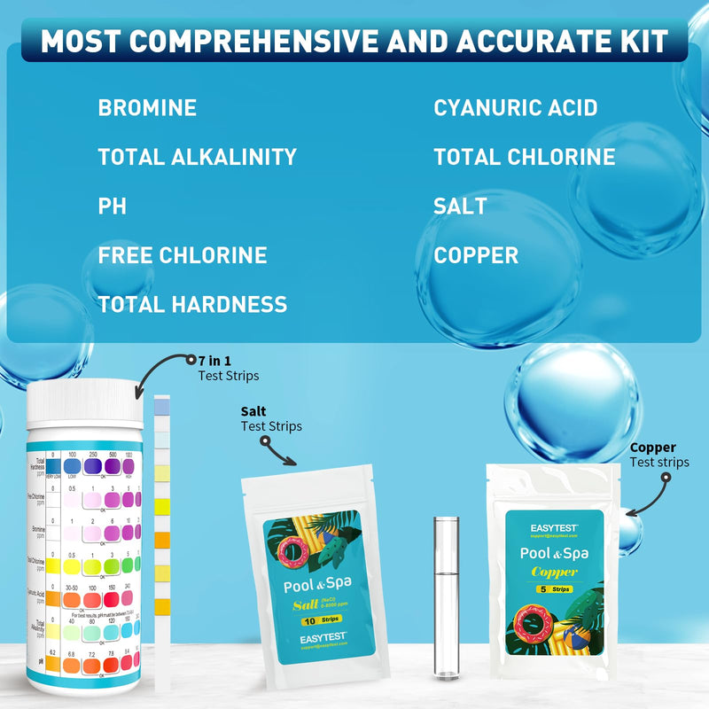 [Australia - AusPower] - EASYTEST 9-Way Pool Test Strips, 140 Strips for Hot tub and Spa, Accurate Testing pH, Total Chlorine, Free Chlorine, Bromine, Alkalinity, Total Hardness, Cyanuric Acid, Salt and Copper 9 IN 1 POOL TEST STRIPS 