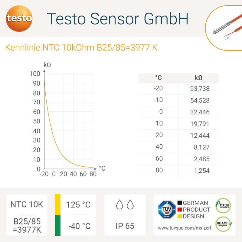Testo Sensor NTC 10K Cable Sensor 3 m Silicone IP65 +125 °C Solar Heating 3 Meters