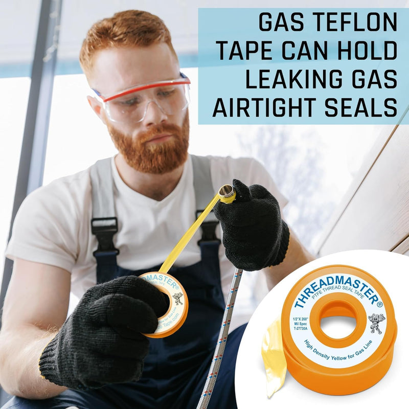 TAPEWELL Yellow Gas Pipe Thread Sealant Tape - Pack of 10-260" X 1/2" Plumbers Tape - for Propane, Natural Gas and More