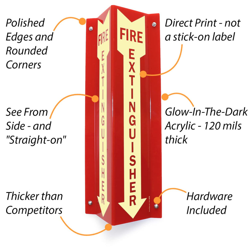 SmartSign "Fire Extinguisher" Two-Sided V-Shaped Projecting Sign with Down Arrow, 18 x 4 inch, 120 mil Thick Glow-In-The-Dark Polished Acrylic, Photoluminescent #2. Glow-in-the-Dark Red Acrylic