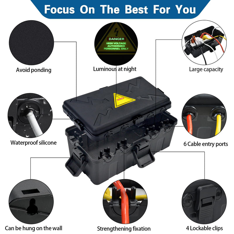[Australia - AusPower] - Medium Outdoor Electrical Box(10.6x5.7x5inch),Weatherproof Connection Box w/6 Cable Entry,IP54 Waterproof Extension Cord Cover Protect Power Strip,Timer,Plug,Holiday Lights,Black Black 
