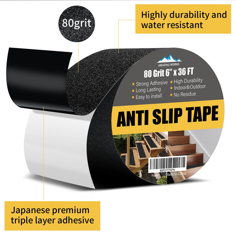 Grip Tape - Heavy Duty Anti Slip Tape, Grip Tape Grit Non Slip for Stairs Outdoor/Indoor, Waterproof High Traction Stairs Non Skid Tape, Durable Triple Layer Adhesive (6 Inch x 36 Feet) 6 Inch x 36 Feet