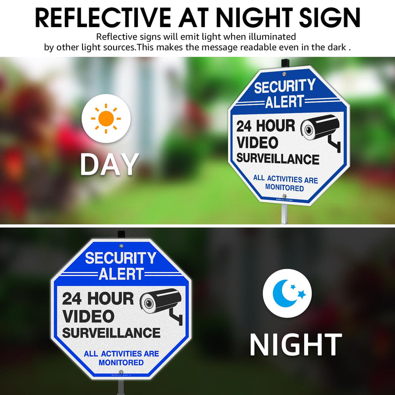 Faittoo Security Sign Video Surveillance Sign with 42" Stake, 2-Pack 10"x10" Rust Free Heavy Aluminum, Reflective, Fade Resistant, 2 Pe-drilled Holes, Includes Matching Screws & Wrench Blue with 42" Stake- 2 Pack