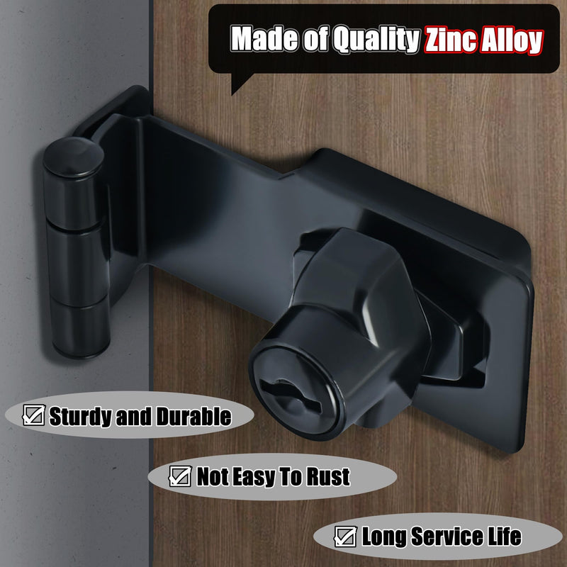 [Australia - AusPower] - Alise Keyed Hasp Lock Right Angle 90°,3 Inch Safety Packlock Clasp Hasp Lock Latch with Lock, Black Door Hinge Lock with Keys Keyed Locking Hasp for Cabinets Closets Doors 3 Inch 