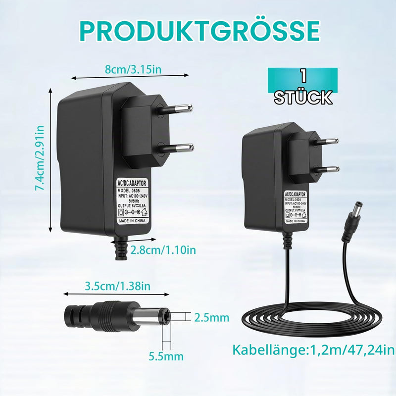 6 V Power Supply Charger for Boso Medicus Blood Pressure Monitors | Suitable for models Control/Prestige/UNO/Family/TB-233C/410-7-150, stable 5.5 x 2.1 mm plug, 1.2 m cable, multiple protection