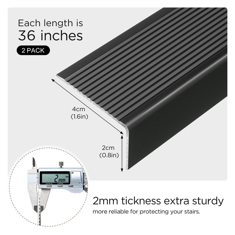 Raytano 2Pack 36" L Heavy-Duty Metal Stair Nosing, 0.8" x 1.6"W Self-Adhesive Non-Slip Aluminum Stair Edge Protector for Indoor and Outdoor Steps L- Molding (36in x 0.8 in x 1.6 in,Black) 36in x 0.8 in x 1.6 in Black 2