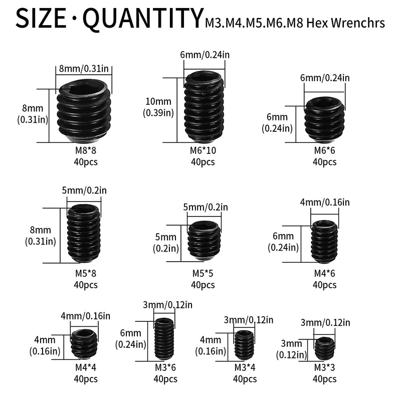 [Australia - AusPower] - Set Screws Assortment Kit, 400 Pcs M3/M4/M5/M6/M8 Allen Head Hex Socket Grub Screw Set, Black Hex Allen Head Screws with Internal Hex Drive for Door Handles, Light Fixture Screws 