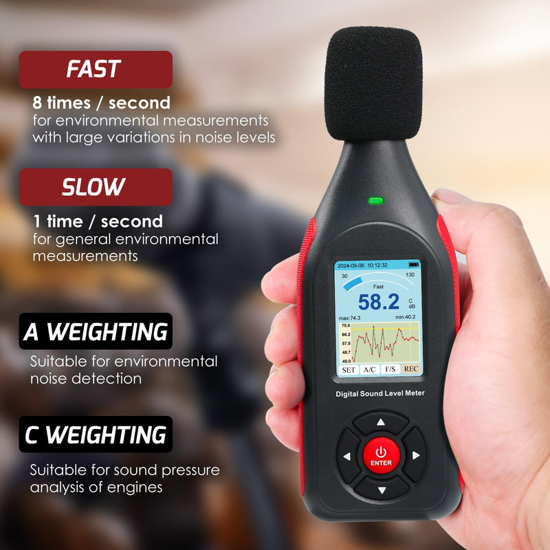 [Australia - AusPower] - Dezibel Meter Data Logger Sound Level Meter with 43,000 Records Visual Alarm, A/C Frequency and DC Output Digital Sound Level Meter for Home, Factory, Classroom etc Lcd Graphic Display 