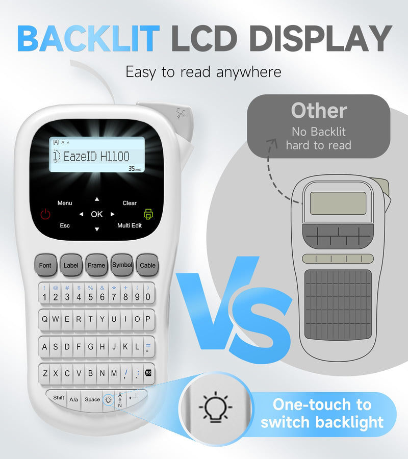 Label Maker Waterproof-Labels, Handheld Label Maker Machine with-Tape 12mm 0.47 Laminated White, Backlit Screen Multiple Fonts & Symbols, Portable Keyboard Labeler for Home Office School Use, H1100