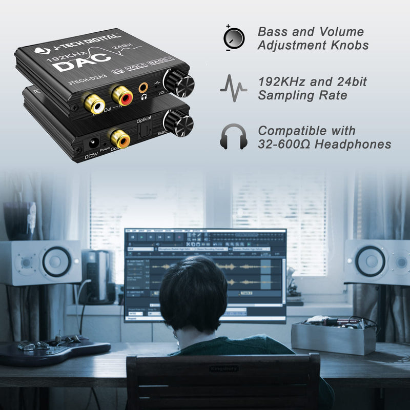 [Australia - AusPower] - Digital to Analog Audio Converter with Headphone Amplifier & Bass Control by J-Tech Digital | 192kHz 24bit Optical Coaxial RCA 3.5mm 