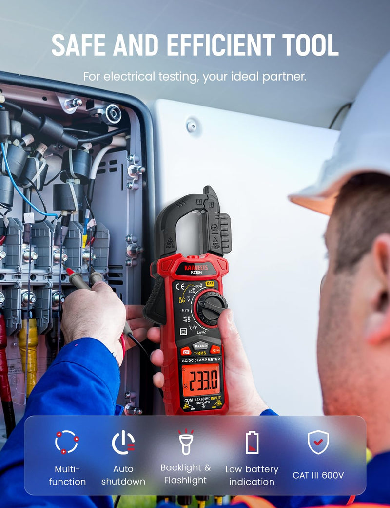 [Australia - AusPower] - KAIWEETS Digital Clamp Meter Multimeter with D-Shaped Jaw for AC/DC Current & Voltage, Auto-ranging 4000 Counts Voltage Tester with Flashlight Backlight, Measuring Temperature Continuity Diode NCV 