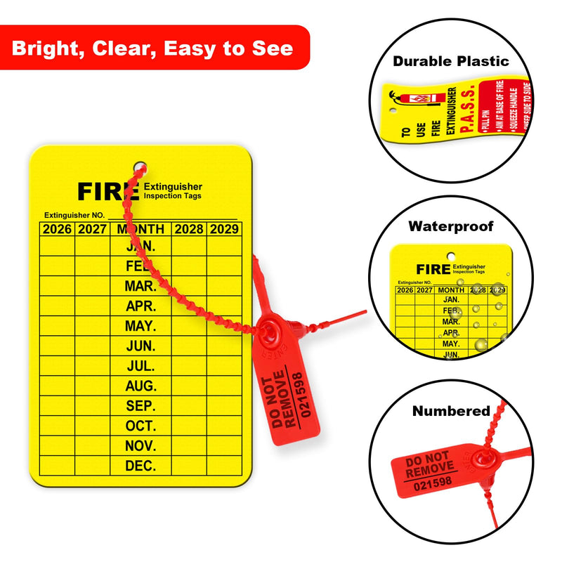 30 Sets Fire Extinguisher Tags Monthly Inspection Tear-Resistant Numbered Plastic Tamper-Evident Cable Ties Easy to Punch Includes Handheld Hole Puncher- Red 30